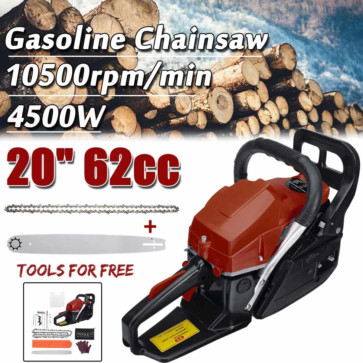 

Becornce 4500W 62cc Powered Gasoline Chainsaw Gasoline Petrol Chain Saw Cutter Wood Cutting Kit Fuel Energy Saving