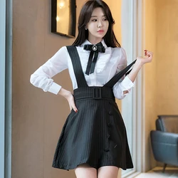 new arrival fashion set women spring OL young casual ladies long sleeve ruffle bow white shirt and striped dress two piece set