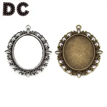 

DC 5pcs/lot Alloy Double-Sided Tray Pendant Base Fit 30x40mm Round Cabochon Cameo Setting DIY Necklace JewelryMaking Three Color