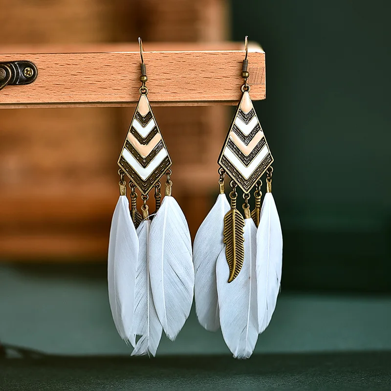 Geometric Bohemian Vintage Feather Earrings For Women Jewelry Fashion Long Chain Tassel Dangle Drop Oorbellen | Украшения и