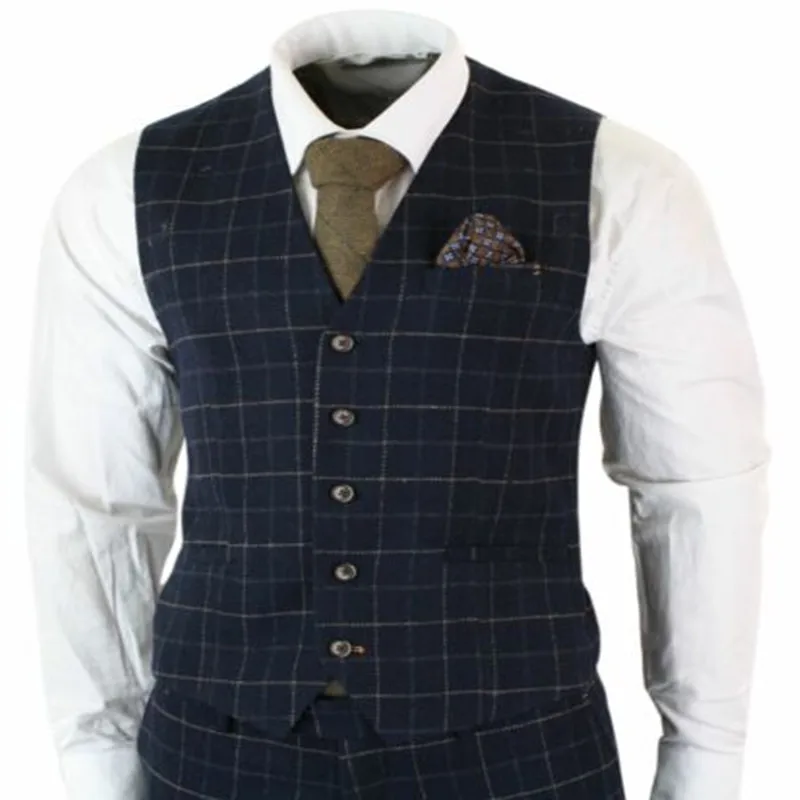 2020 Привлекательные мужские костюмы из 3 предметов темно синий твидовый костюм