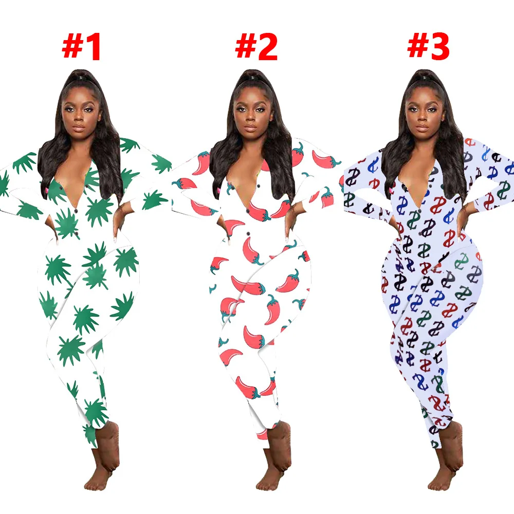 

Pattern Lip & Dollars Print Solid Color Long Sleeves Button V-Neck Women Jumpsuit New Autumn Casual Outfits