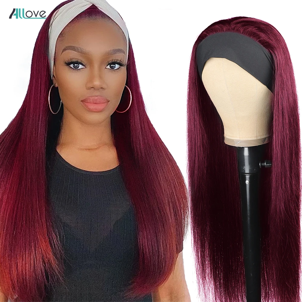 Allove 99J Headband Wig Straight Human Hair Wigs Burgundy Colored Remy