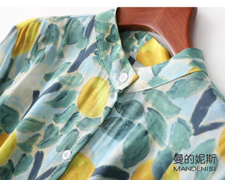 Women's 100% Silk Blue Print Button Down Long Thin