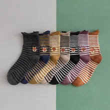 Милые Хлопковые женские носки в полоску с вышивкой медведя, Осенние новые модные носки, мягкие удобные милые носки с мультяшным животным