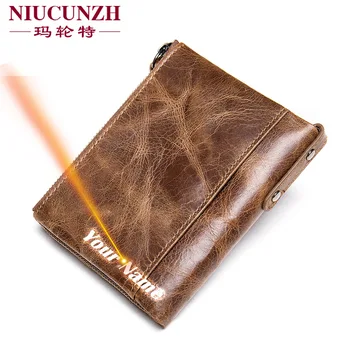 

FREE ENGRAVING Men Wallet Cow Leather Double Zipper Genuine Leather Wallets for Mens Vintage Small Credit Card Holder Purse 2020