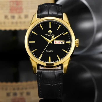 

reloj hombre 2020 WWOOR Watches Mens Luxury Gold Black Date Watch Men Fashion Business Genuine Leather Waterproof Watch With Box