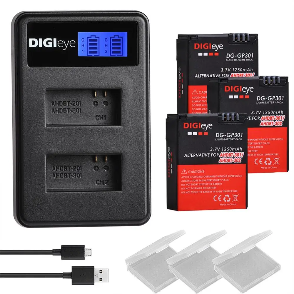 3Pcs 1250mAh AHDBT-301 302 Batteries for GoPro Hero 3 + LCD Dual USB Charger for GoPro Hero 3 Hero 3+ Hero3 Camera