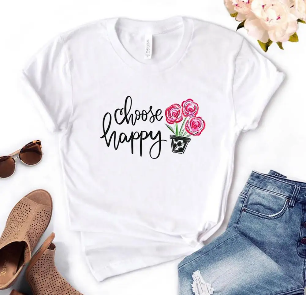

Choose Happy flower Print Women Tshirts Cotton Casual Funny t Shirt For Lady Yong Top Tee Hipster PH-21