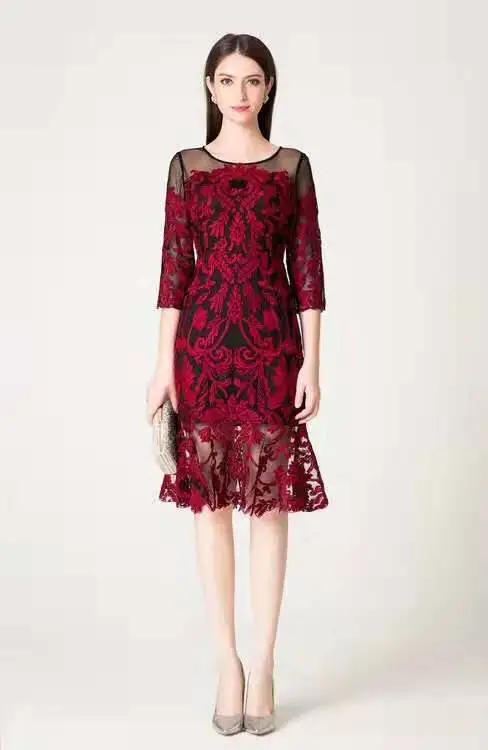 3XL платье Vestido весна лето вечерние коктейльные женские сексуальные прозрачные сетчатые с вышивкой 3/4 рукав облегающее платье цвета красного вина темно-синего цвета