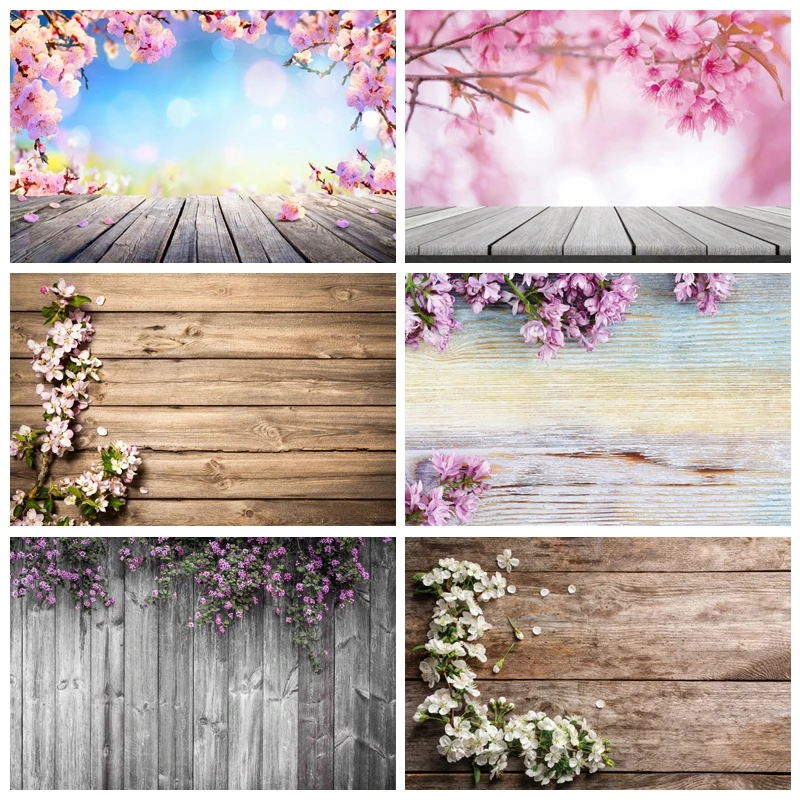 

Wooden Plank Spring Flowers Photography Backdrop Birthday Food Portrait Party Decorations Background Photographic Photo Studio