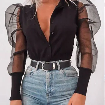 

Fashion New Womens V-Neck Blouses See Through Mesh Puff Long Sleeve Shirt Summer All-Matching Women Tops Lady Shirts