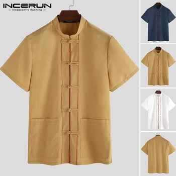 

INCERUN Chinese Style Shirt Men Solid Color Short Sleeve Button Elegant Tang Suit Stand Collar Pockets Summer Vintage Shirts Men