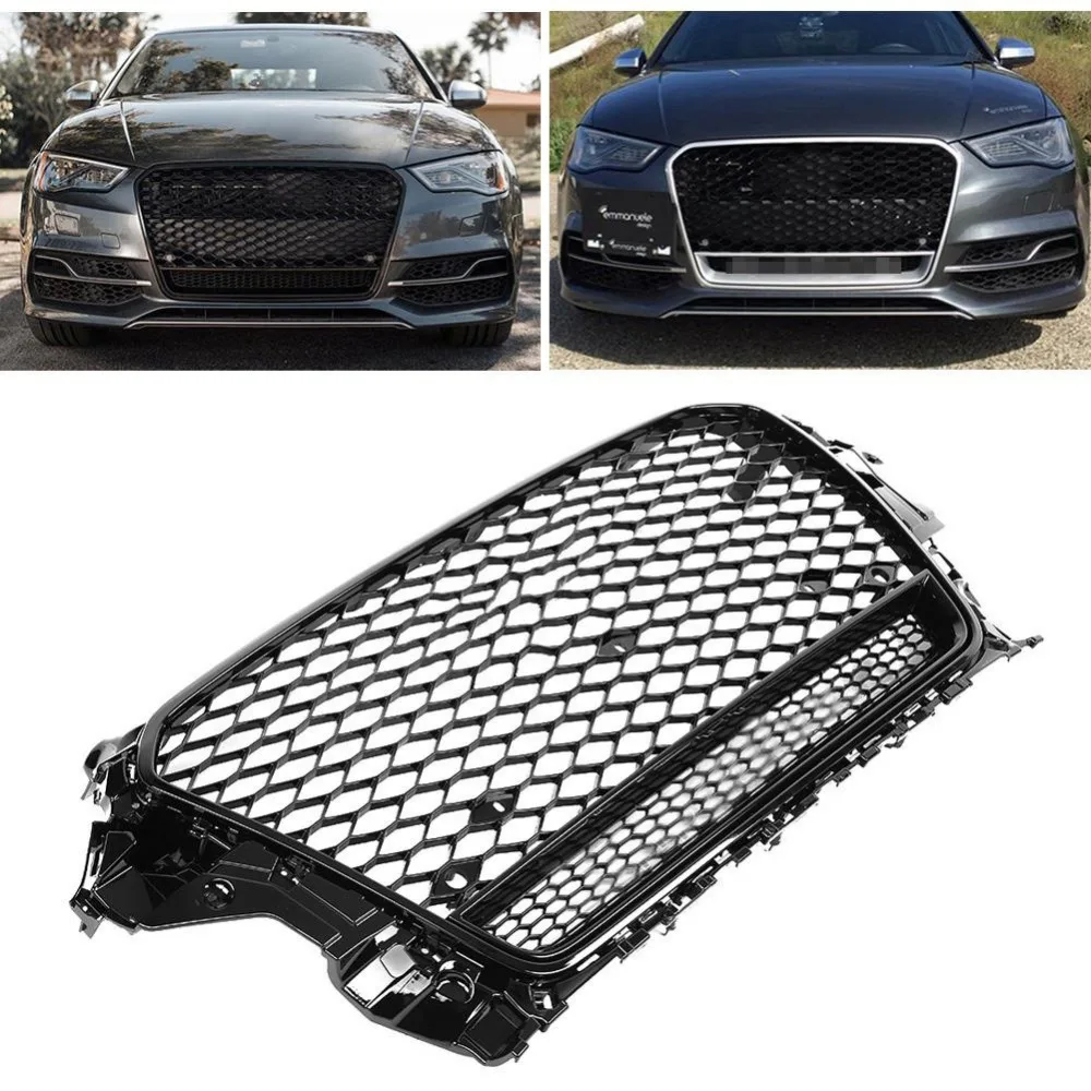 Решетка бампера с ячейками, черная глянцевая сетка для Audi A3/S3 RS3, шестигранная сетка переднего бампера, решетка капота, автомобильные аксессуары, средняя сетка