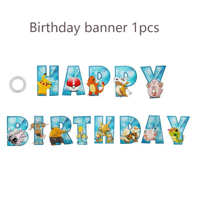 Pokemon Birthday Party Tool Props Straw Banner Baby Shower Party Supplies Wedding Balloon Decoration Pikachu Topper Boy Surprise Letter pull flag