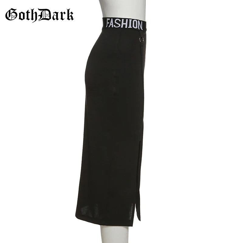 Goth Dark Gothic High Waist Black Midi Dress Y2k Grunge Patchwork Elastic Slit Hem A-line Midi Skirts Women Autumn Streetwear