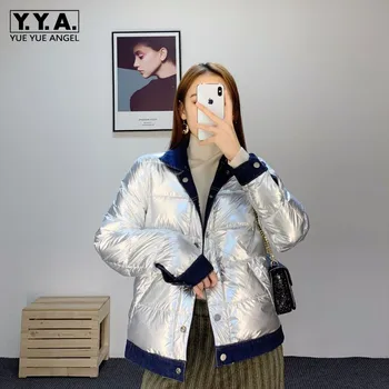 

Winter Fashion Thicken Warm Silver Denim Down Coat Women Reversible Two Wear Casual Slim Short Down Jacket Female Outwear S-XL