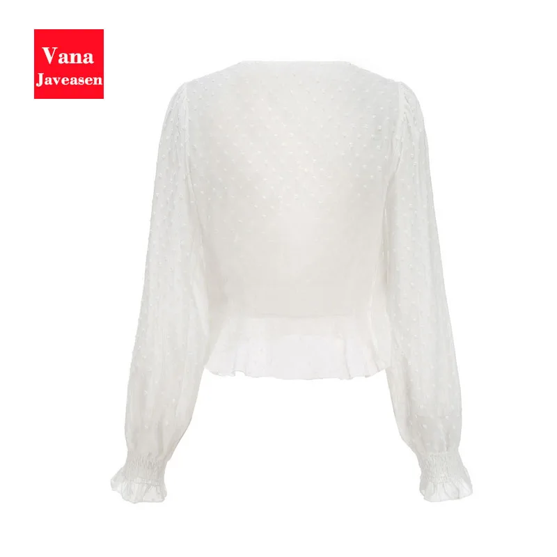 Белая шифоновая женская блузка топы с v-образным вырезом в горошек Сзади прозрачная короткая рубашка Блузки с длинными рукавами новые осенние женские Топы Блузка