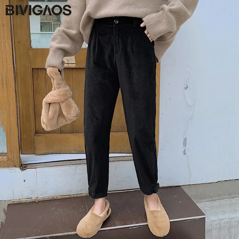 Corduroy-Black BIVIGAOS осень зима новые вельветовые штаны с пуговицами на лодыжке женские корейские свободные повседневные шаровары брюки с высокой талией теплые штаны брюки женские зимние вельветовые брюки - Цвет: Corduroy-Black