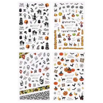 

4 Sheets Adorable Nail Art Halloween Themed Skull Various Patterns Pumpkin Nail Sticker Manicure Decals Nail Decals