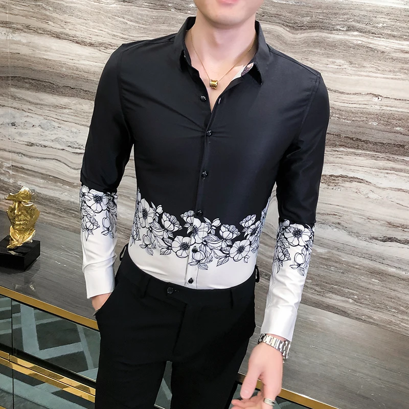Chemise Homme Autumn New Long Sleeve Shirts for Men Fashion Patchwork Color Slim Fit Digial Print Shirt Tuxedo Streetwear | Мужская