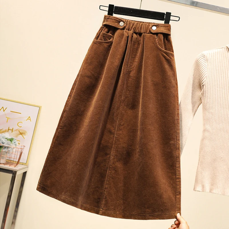 Винтажная Женская Вельветовая юбка размера плюс в стиле Харадзюку, Lucyever, Осень-зима, свободная трапециевидная Женская длинная юбка с высокой талией, Женская юбка 5XL - Цвет: Коричневый