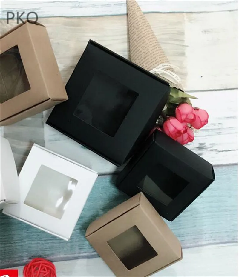 

20pcs 4 sizesKraft Paper packing Box with PVC Window White/Black DIY Hand made Soap Craft Jewel Wedding Party Gift Packaging Box