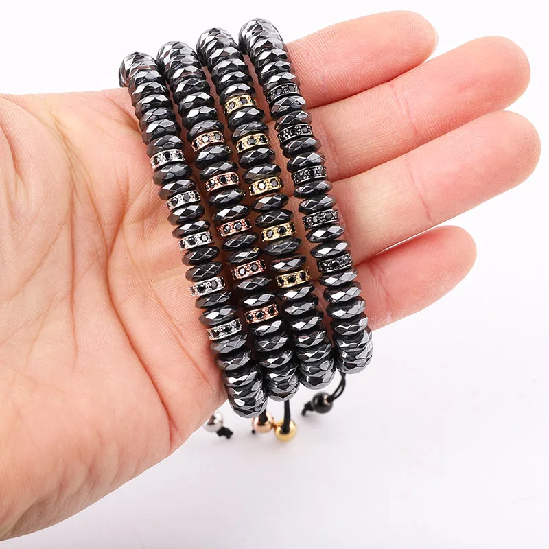 New Design Natural Faceted Hematite Beaded CZ Micro Pave Charms Handmade Adjustable Bracelet Men Jewelry Gift - Image 2