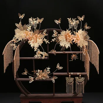 

Chinese style hollow metal Golden Beautiful Tassels Bridal Costume tiara coronet and phonix Wedding Hair Accessories