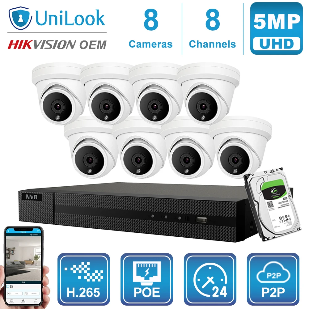 Hikvision OEM 8CH 4 к NVR 5MP пуля/Купол POE IP Камера 4/6/8 шт. наружного наблюдения ONVIF, H.265 CCTV NVR Наборы с 1/2/4 ТБ HDD