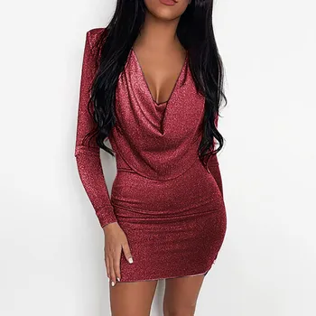 

Sexy Bodycon Sequins Mini Dress Women V-neck Long Sleeve Party Bright Silk Shiny Night Club Christmas Female Robe Vestidos #L20