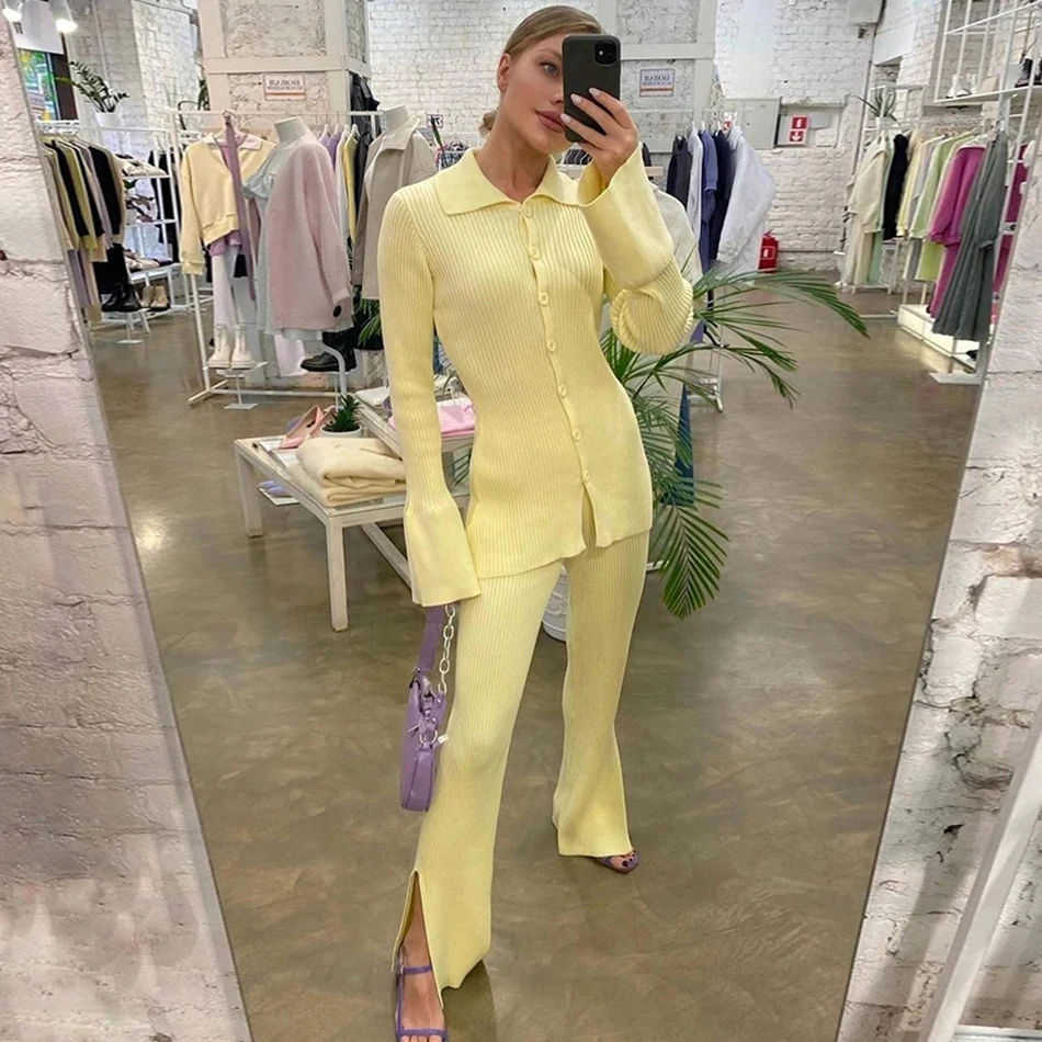High Quality Fashion Women'S Knitted Slim 2 Two-Piece Set 2021 Spring Sexy V Long-Sleeved Button Top + Pants Casual Suit skirt suit set