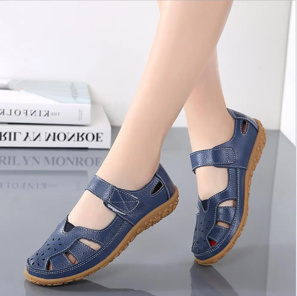 Women Mother Genuine Leather Sneake Soft Bottom Sandals Flats Summer Ladies Hollow Out Beach Shoes Quality Hot Gladiator Sandals
