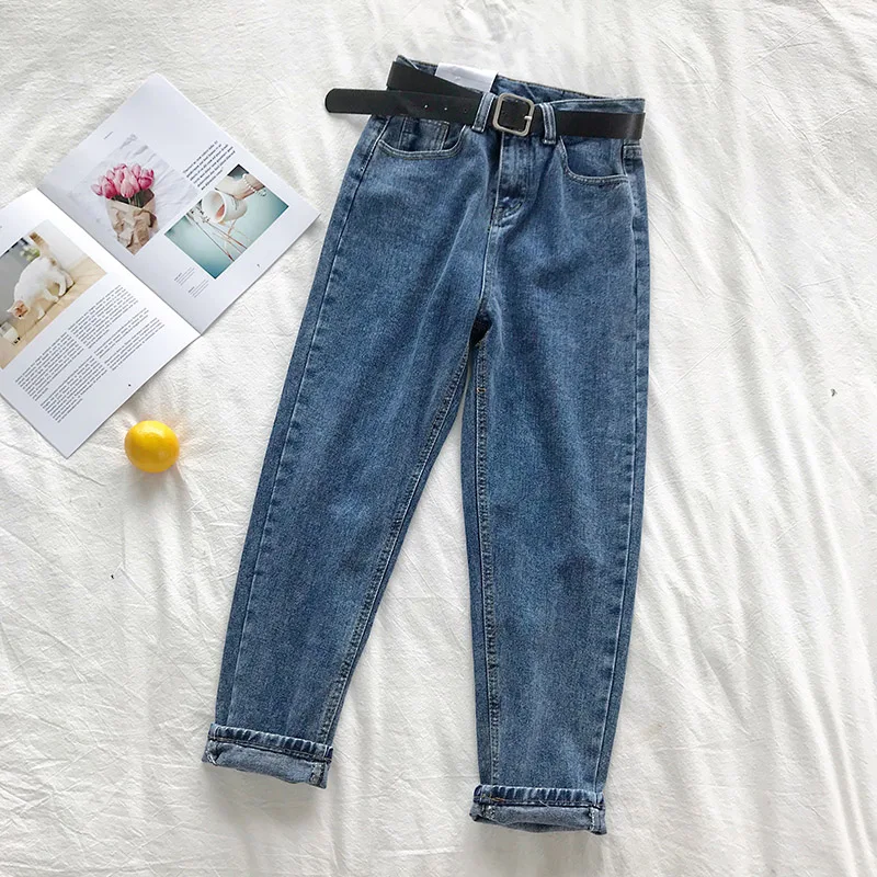 Korean High Waist Jeans Women Solid Belt Harem Pants Loose Casual Plus Size High Street Denim Trousers Pantalon Femme With Belt