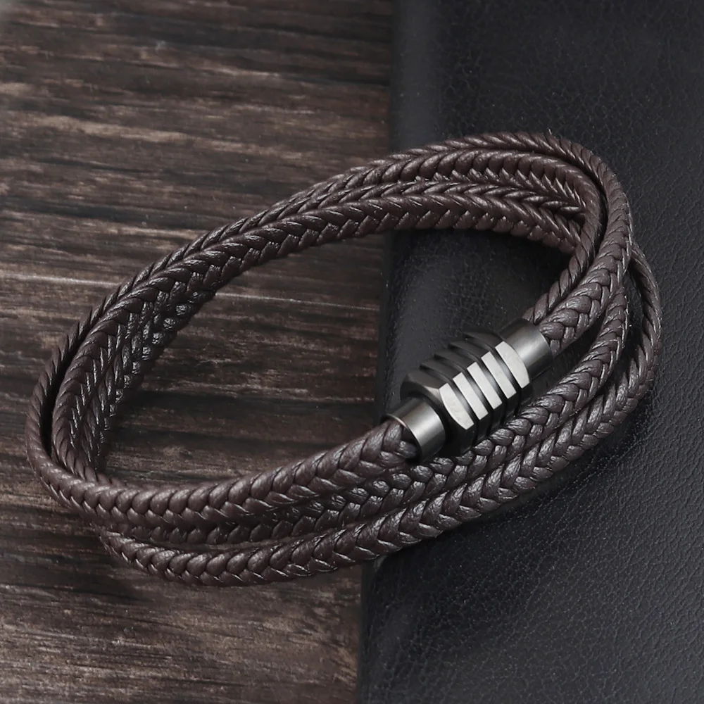 Модный черный браслет из натуральной кожи, черная застежка из нержавеющей стали, многослойная плетеная веревка, цепочка, браслет, винтажные подарки
