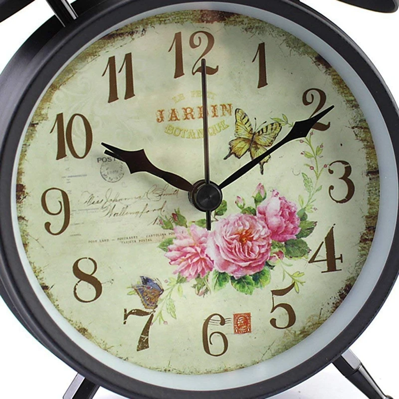 HLZS-4 inch Retro Vintage Bedside Twin Bell Alarm Clock With Loud Alarm and Nightlight(Black Case- Roses
