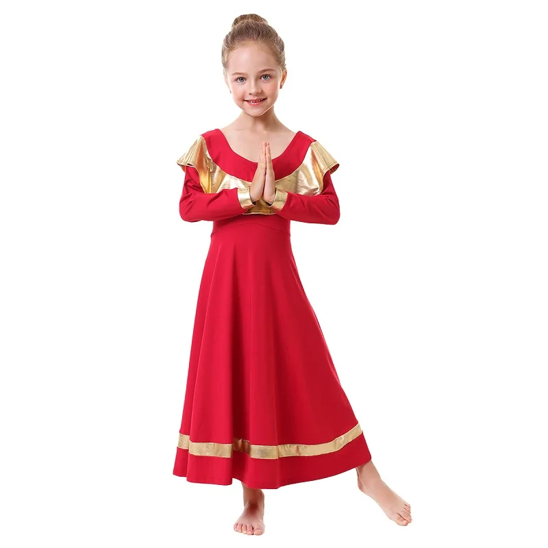 red Ballet Dress Girls Child Liturgical Praise Dance Dress Metallic Splice Praise Dress Girls Kids Church Clothes for Girls Dance - Цвет: red
