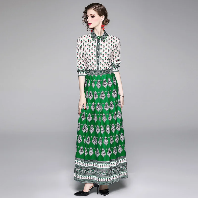

Green Paisley Print Dress Button A-line Party Long Dresses Boho Lantern Sleeve Spring Autumn Vacation Maxi Dress Women Vestidos