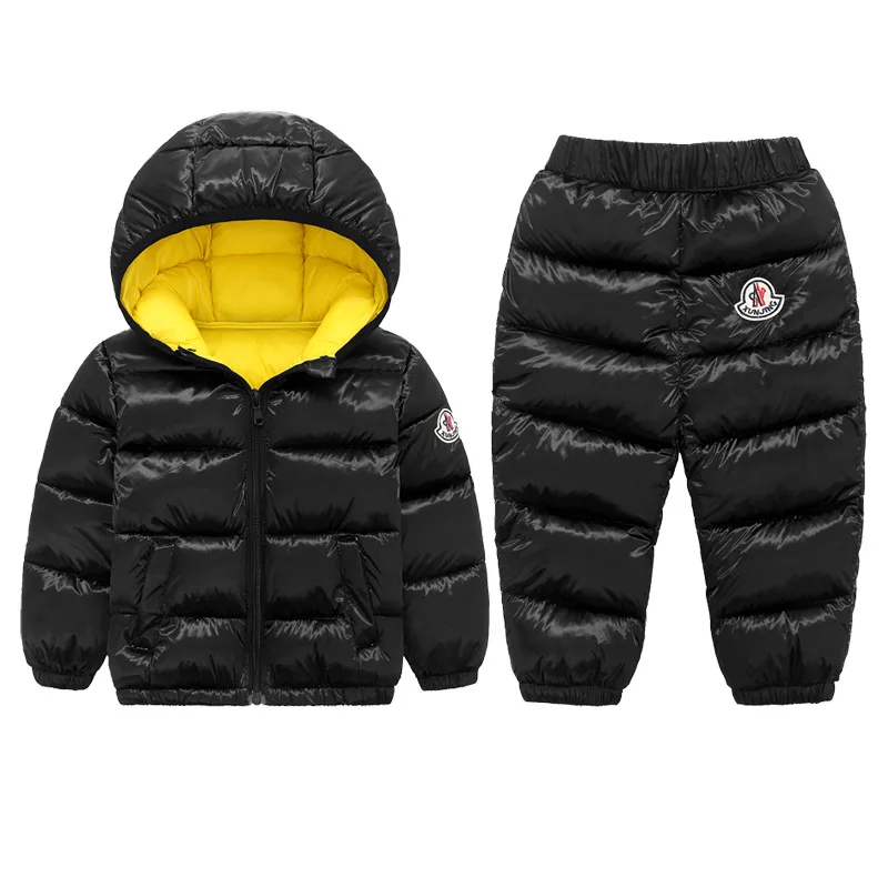 Г. Зимняя теплая хлопковая куртка с капюшоном+ брюки, комплекты одежды для детей, костюм для девочек и мальчиков, верхняя одежда, плотный блестящий Зимний комбинезон, 2 шт