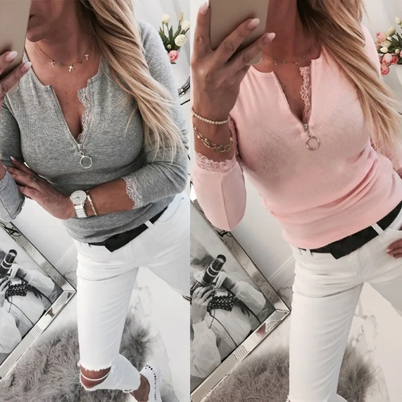 

Sexy Lace Patchwork Zipper Half Open Knitted Tops Sweater Autumn Winter Women Pull Jumper Female Casual Slim Pink Gray Sweaters