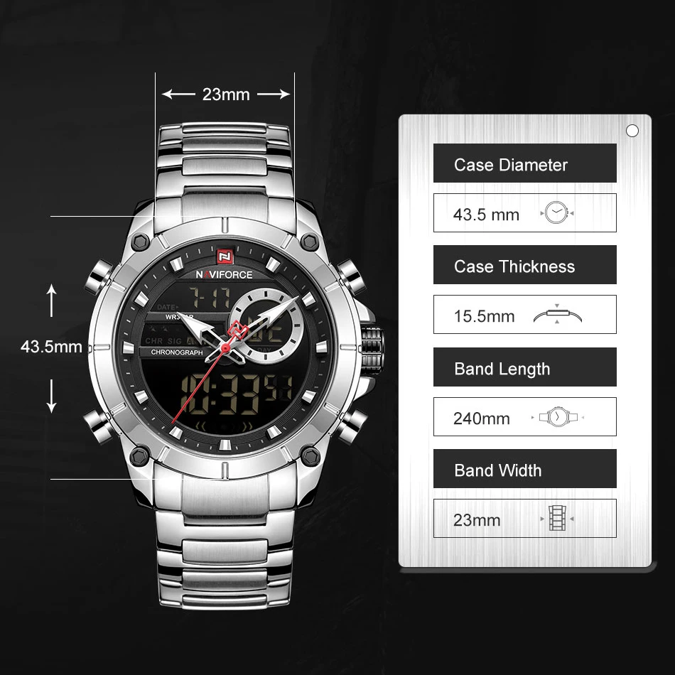 Billige NAVIFORCE Silber Edelstahl Männer Armee Militär Dual Display Quarz Led Uhr Männlichen Wasserdichte Uhren relogio masculino 9163