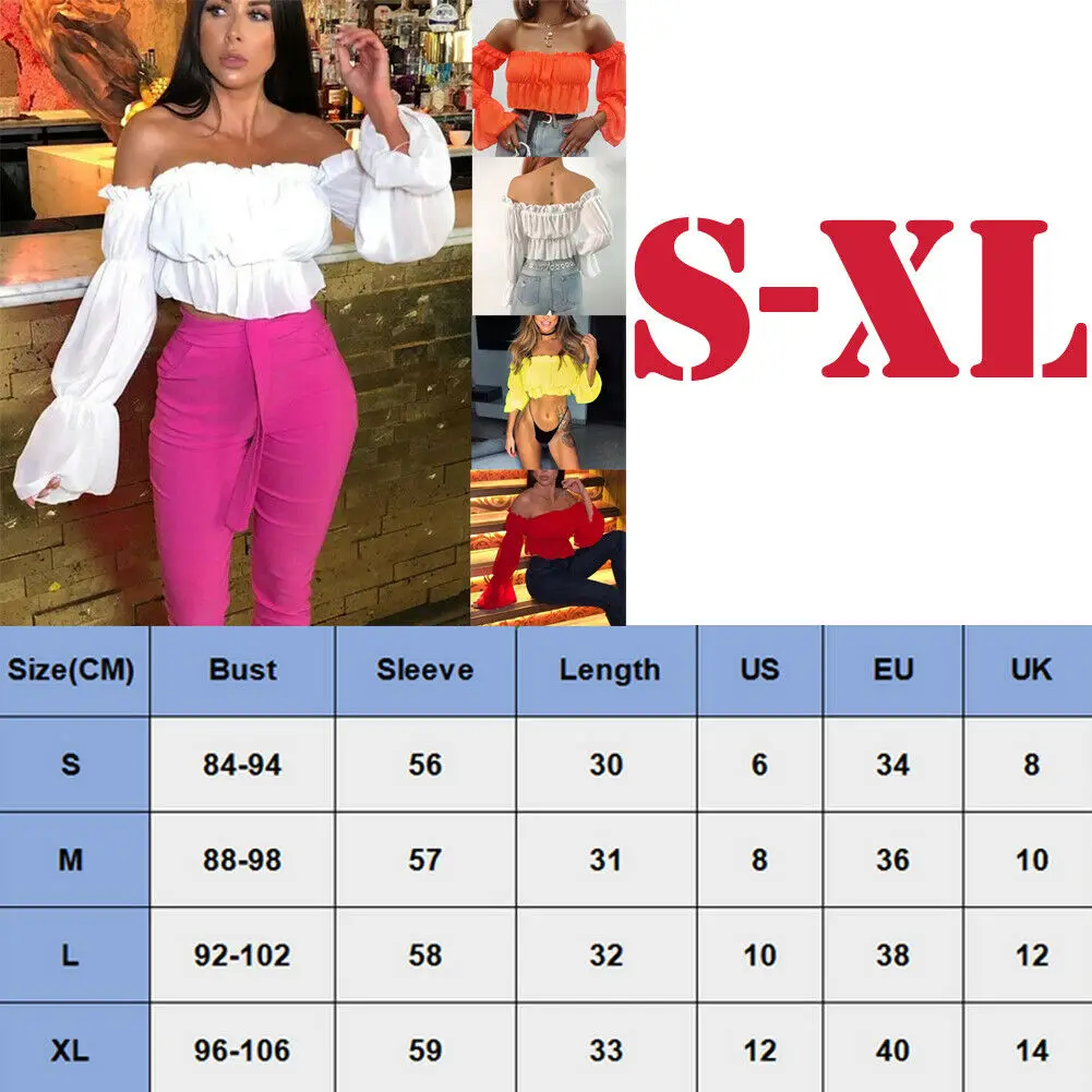 Sexy Candy color Women Off Shoulder Sheer Mesh Puff Long Sleeve Ruffle Crop Tops Shirt Blouse Tops