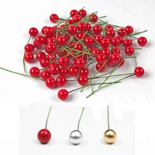 100pcs/lot Mini Plastic Fake Small Berries Artificial Flower Fruit Stamens Cherry Pearl Christmas DIY Gift Box Decorated Wreaths(China)