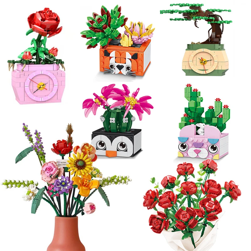 Bouquet DIY Building Blocks Romantic Rose Flower Bonsai Cactus Plant 3D Model Bricks Children's Educational Toy Girl Gift | Игрушки и
