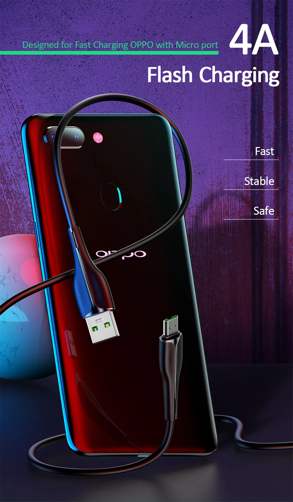 USAMS 4A Micro кабель Quick Charge microusb кабель для зарядки данных Шнур для OPPO R15 R11s R11 plus R9 R7 зарядный кабель