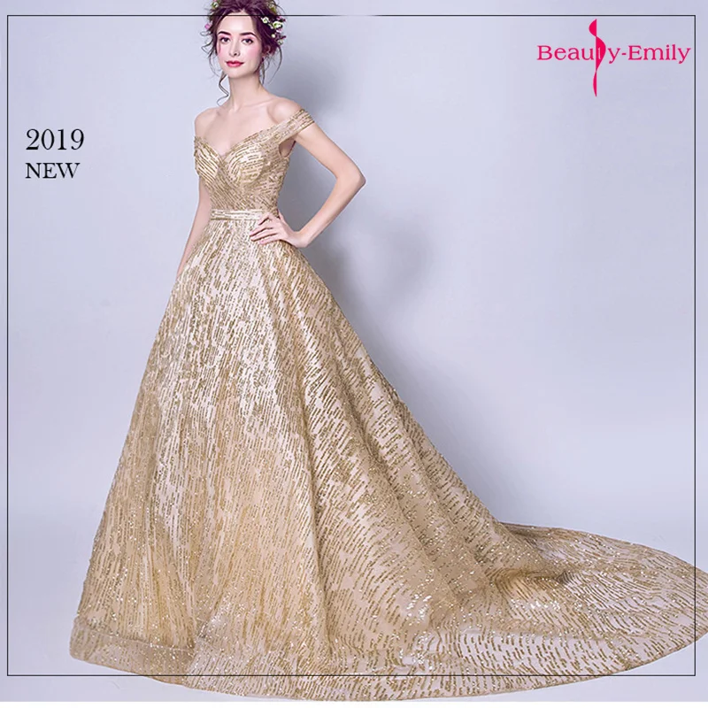 Beauty-Emily, v-образный вырез, с открытыми плечами, вечерние платья, длинные,, с блестками, без бретелек, короткий шлейф, элегантные вечерние платья для выпускного вечера, Vestidos - Цвет: Golden