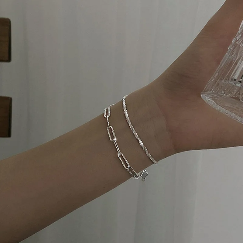 2Pcs/Set Silver Color Gypsophila Adjustable Bracelet For Women Sparkling Double Layer Bangles Fashion Jewelry Wedding Gifts