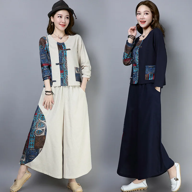 

18 New Style Ethnic-Style Cotton Linen Set Cotton Linen Frog Joint Casual Literature And Art Long Sleeve Two-Piece Set WOMEN'S D