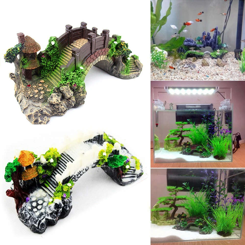 

Vintage Decorative Bridge Aquarium Fish Tank Landscape Ornaments Pavilion Tree Plants Resin Design Pet Supplies Home Decorations