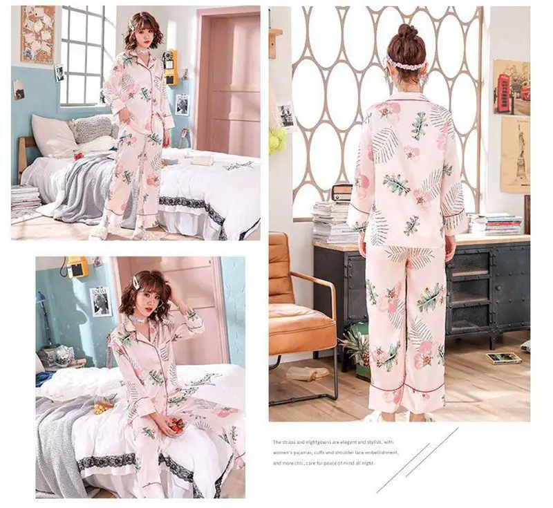 Smmoloa Women Comfortable Silk Pajama Set Girl Pyjama Long Sleeve Sleepwear